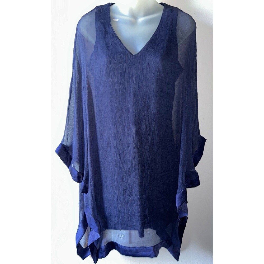 Analili Silk Overlay Dress Sheer Poncho Cape Navy Blue V-Neck Cocktail Shift S